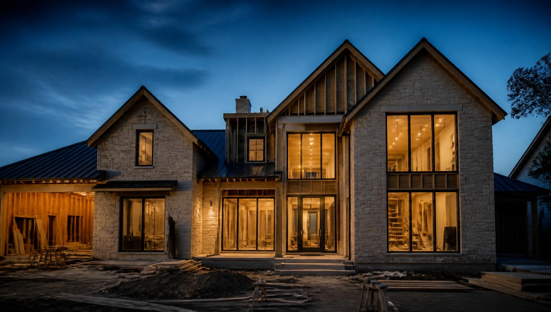 Luxury home renovation lit from within at dusk